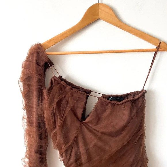 Zara Cut Out Tulle One Sleeve Mini Dress Brown Size Small - Picture 8 of 12